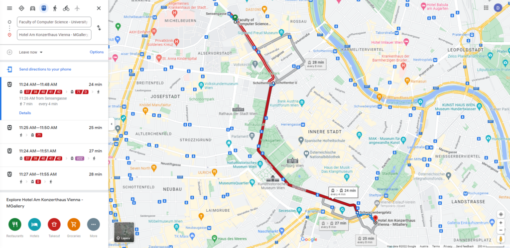 Direction map from Hotel am Konzerthaus to Faculty of Computer Science