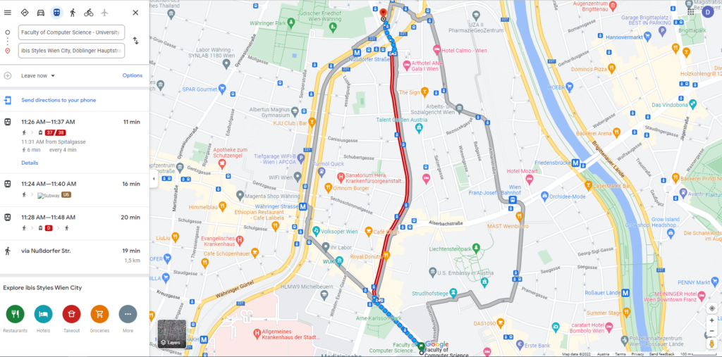 Direction map from Ibis Style Hotels to Faculty of Computer Science