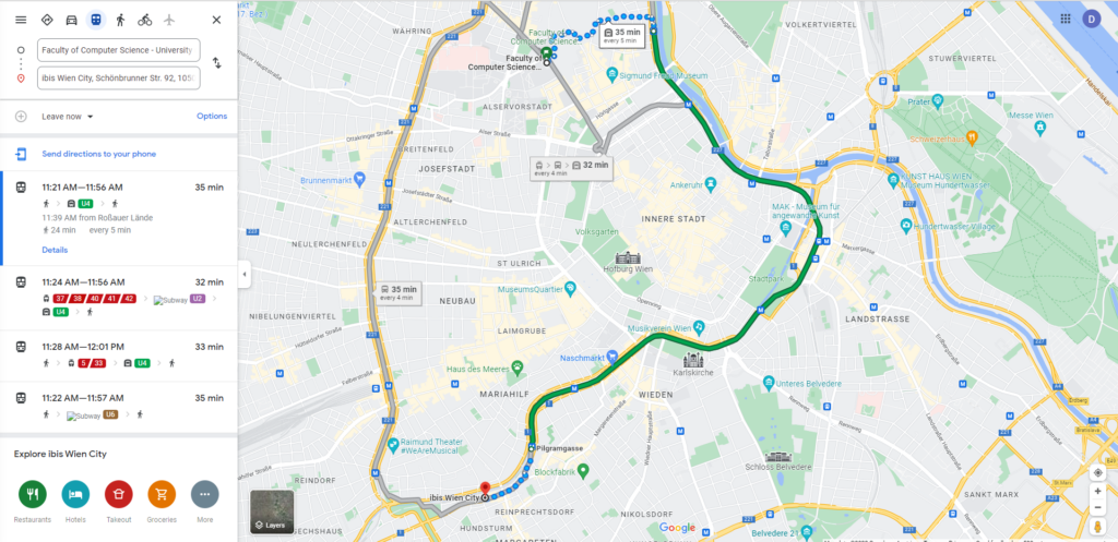 Direction map from Ibis Wien City to Faculty of Computer Science