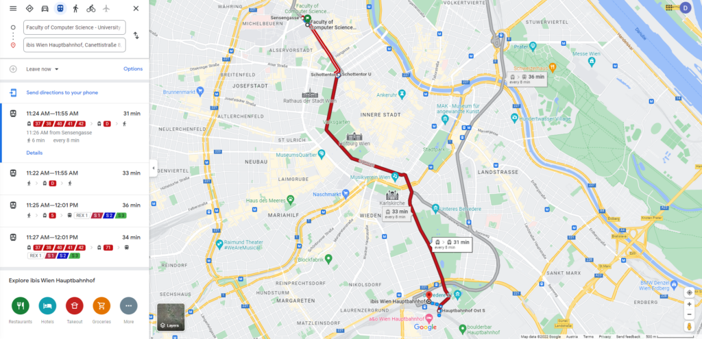 Direction map from Ibis Wien Hauptbahnhof to Faculty of Computer Science