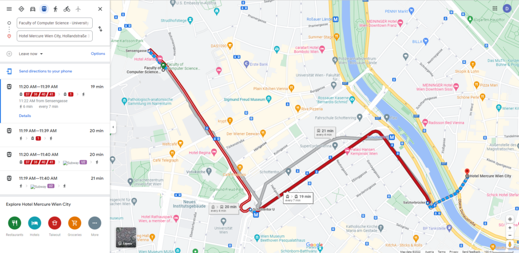 Direction map from Mercure Wien City to Faculty of Computer Science