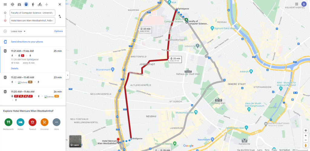 Direction map from Mercure Wien Westbahnhof to Faculty of Computer Science