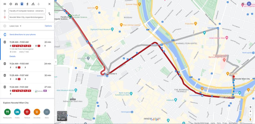 Direction map from Novotel Wien City to Faculty of Computer Science